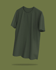men's army green short sleeve t-shirt mockup in front, side and back views, design presentation for print, 3d illustration, 3d rendering