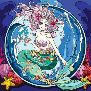 A Mermaid With Pink Hair Illustration