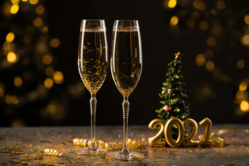 2021 new year celebrating, two glasses of champagne