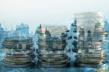 double exposure of city with row of coin stack with growth chart and graph progress report for business investment finance banking and money saving concept.