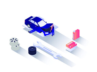 Car repair service isometric vector concept: Mechanic fixing the car at the workshop