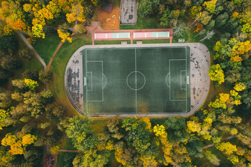 Football pitch surrounded by autumn forest, aerial view © Viachaslau