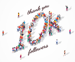 10K Followers. Group of business people are gathered together in the shape of 10000 word, for web page, banner, presentation, social media, Crowd of little people. Teamwork. Vector illustration