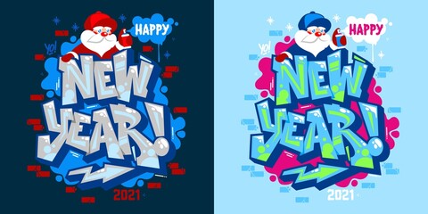 Happy New Year 2021 With Santa Claus In Graffiti Style Font Lettering Vector Illustration Art