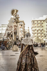 Offering of flowers to the Virgin Mary. Fallas in Valencia.