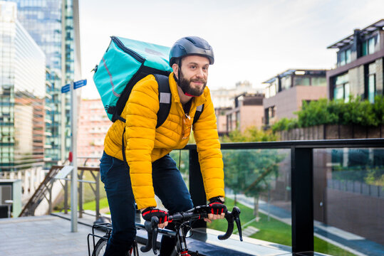 Food Delivery, Rider With Bicycle Delivering Food