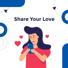 Woman using smartphone and feels happy. Positive feedback concept. Woman feels comfort illustration.