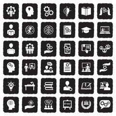 Knowledge And Thinking Icons. Grunge Black Flat Design. Vector Illustration.
