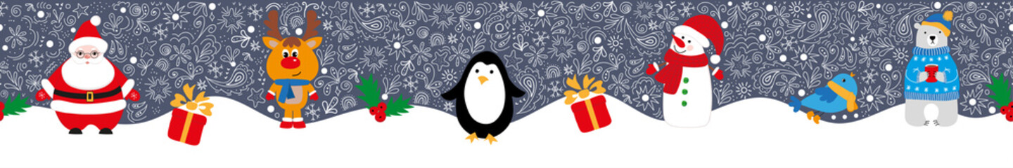 Seamless vector border with Christmas pattern and winter holidays characters. Stylish design, suitable for wrapping paper, textiles, wallpaper, web, kids room decoration.