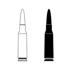 Assault rifle cartridge. Automatic cartridge. Case and bullet. Linear drawing. Silhouette. Rifle. Vector illustration.