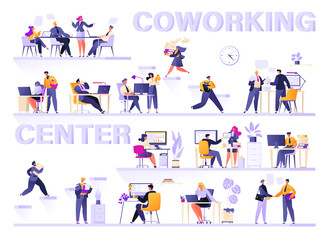 Fototapeta premium Office space for coworking. Flat cartoon characters work on laptops and computers, rush to meetings, make calls, carry documents and contracts. Business team collaboration, interviews and conferences 