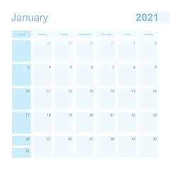 2021 January wall planner in blue color, week starts on Sunday.