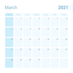 2021 March wall planner in blue color, week starts on Sunday.