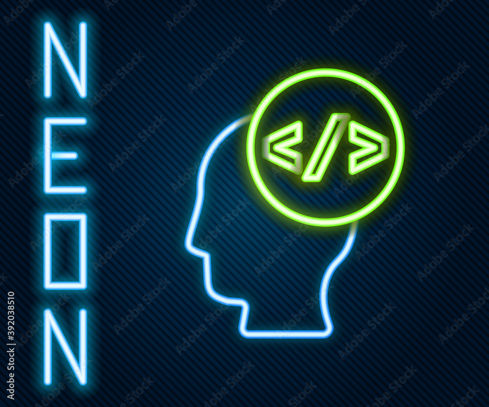 Wall mural glowing neon line web design and front end development icon isolated on black background. colorful o