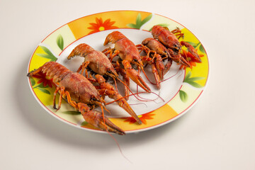Boiled crayfish on a plate