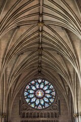 Large stained glass window inside Bristol Cathedral, England. Interior vault of Bristol Cathedral 2