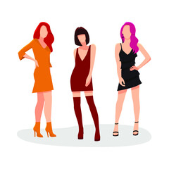 Collection illustration of girls in dresses in fashionable clothing. Vector set with fashion girls. Flat cartoon vector illustration. Womens. Fashion models.