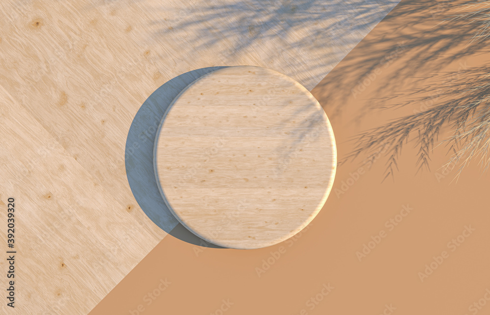 Poster Empty round wood for product display. Flat lay. Top view. 3d render.