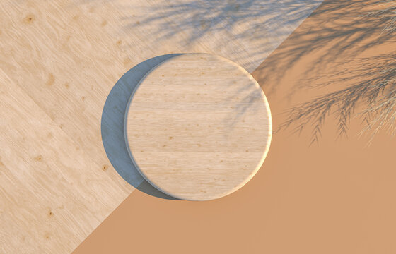 Empty round wood for product display. Flat lay. Top view. 3d render.