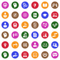 Knowledge And Thinking Icons. White Flat Design In Circle. Vector Illustration.
