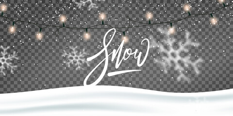 Snow holiday winter background. Winter holiday scene. Realistic snow transparent overlay