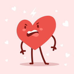 Vector red angry heart character on pink background. Romantic flat style Valentine's Day illustration