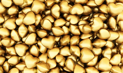 Background of many golden hearts. Romantic backdrop. 3d illustration. High resolution.