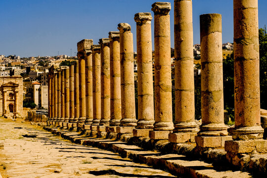 Ancient Roman colonnade in the city of Jerash, Jordan