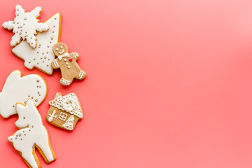 Top view of Christmas gingerbread cookies on kitchen table, top view