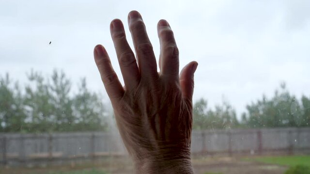 Wrinkled Palm Of Old Woman Hand Of Hope Touches Window Glass Close Up