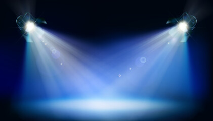 Stage illuminated by two theatre spotlights during the show. Blue background. Place for the exhibition. Vector illustration. - obrazy, fototapety, plakaty