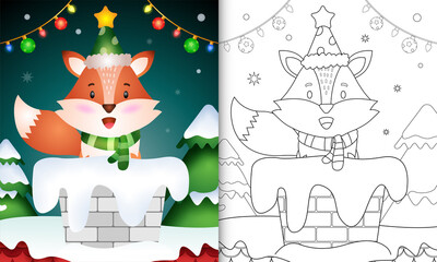 coloring book for kids with a cute fox using hat and scarf in chimney