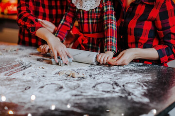 Hands in red clothes making cookies on the kitchen with Christmas background.