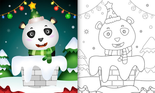 coloring book for kids with a cute panda using santa hat and scarf in chimney
