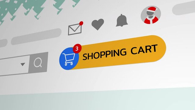 Close up shot animation of shopping cart icon on computer screen with animated counting numbers add online commodity on shopping web page. 4k footage 60 fps.