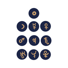 Astrological symbols of planets. These icons are used in astrology, natal maps. Vector highlights cover icon set for social media stories. Hand drawn round templates for contemporary bloggers.