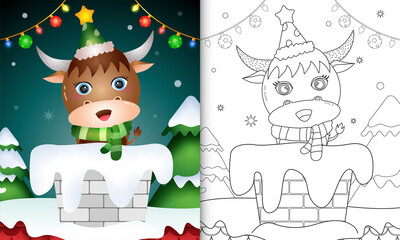 coloring book for kids with a cute buffalo using hat and scarf in chimney