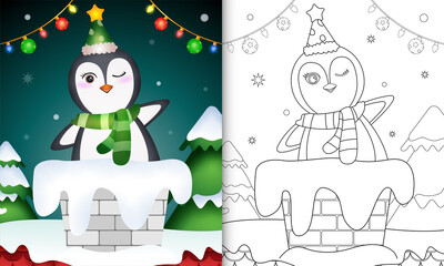 coloring book for kids with a cute penguin using hat and scarf in chimney