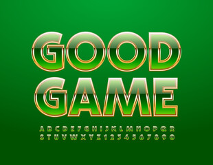 Vector luxury sign Good Game. Glossy chic Alphabet letters and Numbers set. Elegant Green and Gold Font