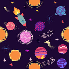 Seamless outer space ufo rocket science kids background pattern