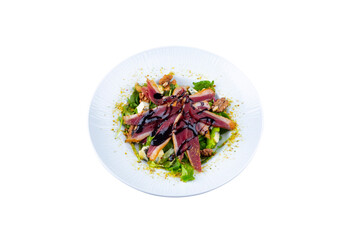 Salad with beef and white and red sauce, isolated white background.