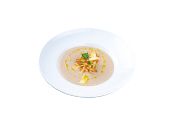 Vegetable cream soup, isolated white background.