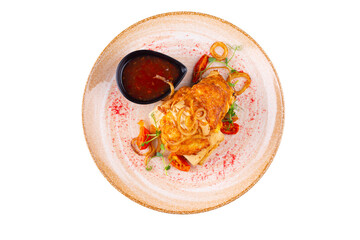 Chicken pie with white and red sauce, isolated white background.