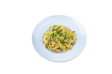 Tagliatelle with mushrooms, flavored herbs and parmesan, isolated white background.