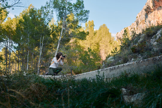 Photographer woman takes a picture with her camera in a forest