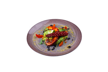 Baked octopus with flavored herbs, isolated white background.