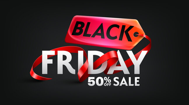 Black Friday 50% off Sale Poster for Retail,Shopping or Promotion with red ribbon and sales tag on black backgrounds.Black Friday banner template design.Vector illustration eps 10