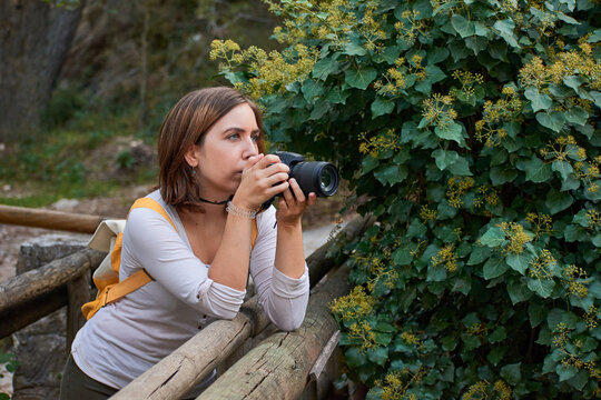 Woman takes pictures with her camera supported by a wooden bridge