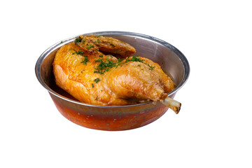 Baked chicken with herbs, isolated white background.