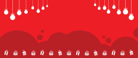 Merry Christmas banner vector. gifts box with ornaments. red horizontal background Vector. gift box and present box